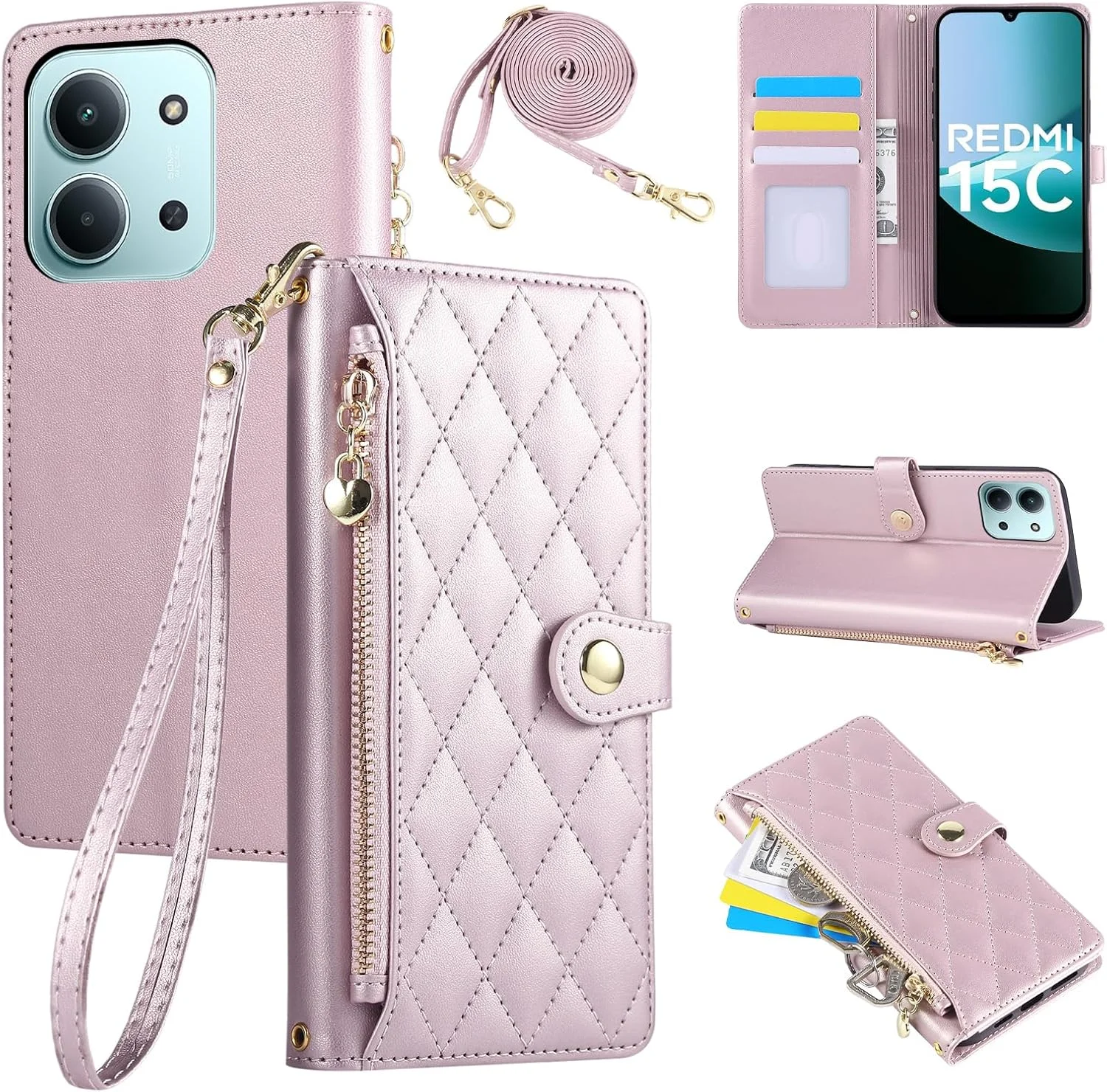 کیف چرمی گوشی شیائومی Redmi 15C مدل 2025 با صفحه نمایش 6.9 اینچ، طرح گلدوزی الماس، کیف تاشو Redmi 15C با بند مچی و بند شانه، صورتی کیف چرمی گوشی شیائومی Redmi 15C مدل 2025 با صفحه نمایش 6.9 اینچ، طرح گلدوزی الماس، کیف تاشو Redmi 15C با بند مچی و بند شانه، صورتی