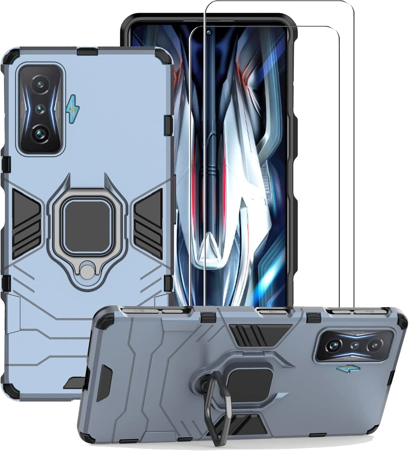 قاب گوشی Chengmi ZMONE برای گوشی شیائومی Poco F4 GT 5G به همراه محافظ صفحه نمایش شیشه ای [دو عدد]، کاور محافظتی دو لایه و مقاوم در برابر ضربه با پایه حلقه ای مغناطیسی - آبی