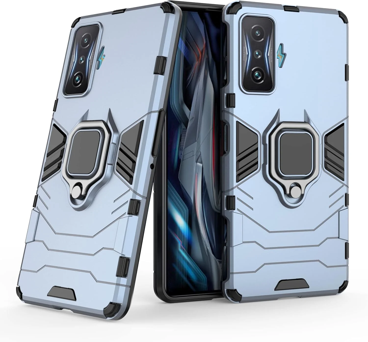 قاب گوشی Chengmi ZMONE برای گوشی شیائومی Poco F4 GT 5G به همراه محافظ صفحه نمایش شیشه ای [دو عدد]، کاور محافظتی دو لایه و مقاوم در برابر ضربه با پایه حلقه ای مغناطیسی - آبی