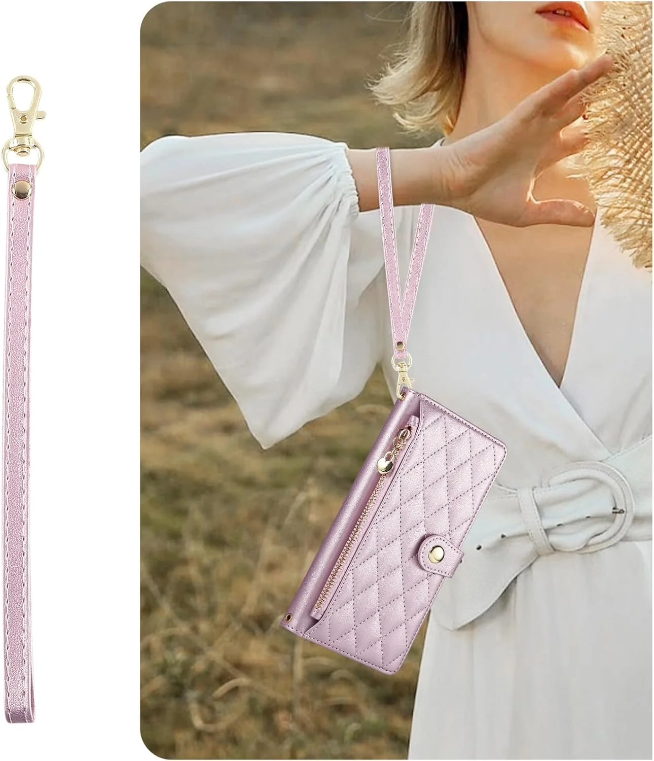 کیف چرمی گوشی شیائومی Redmi 15C مدل 2025 با صفحه نمایش 6.9 اینچ، طرح گلدوزی الماس، کیف تاشو Redmi 15C با بند مچی و بند شانه، صورتی