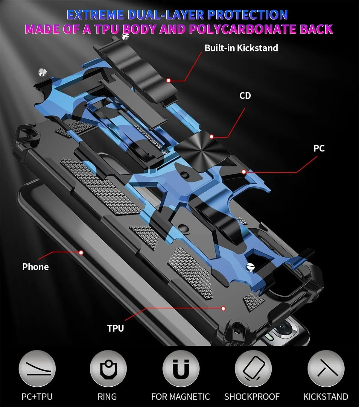 کاور محافظ طرح چریکی مقاوم KASTWAVE برای گوشی شیائومی Redmi Note 12 Pro 5G و پوکو X5 Pro با محافظت ضد ضربه و پایه نگهدارنده - آبی