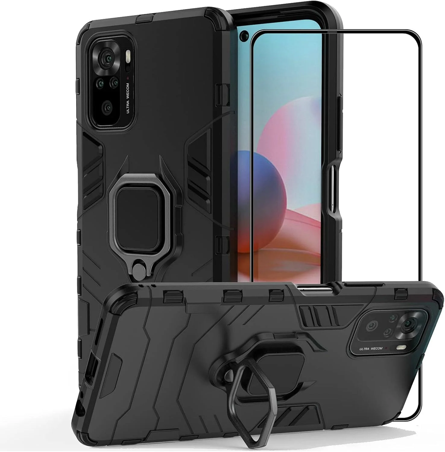 کاور محافظ برای گوشی شیائومی ردمی نوت 10 4G / ردمی نوت 10S به همراه محافظ صفحه نمایش شیشه ای حرارت دیده، کاور محافظ زرهی ضد ضربه و مقاوم با پایه نگهدارنده، مشکی