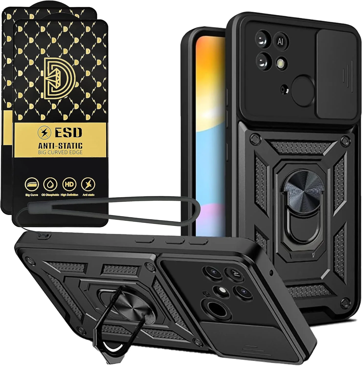 قاب محافظ شیائومی ردمی 10C / پوکو C40 با استند چرخشی 360 درجه فلزی ضد ضربه نظامی، محافظ صفحه نمایش شیشه ای و قابلیت اتصال مغناطیسی به هولدر خودرو (مشکی، 10C/C40+شیشه)