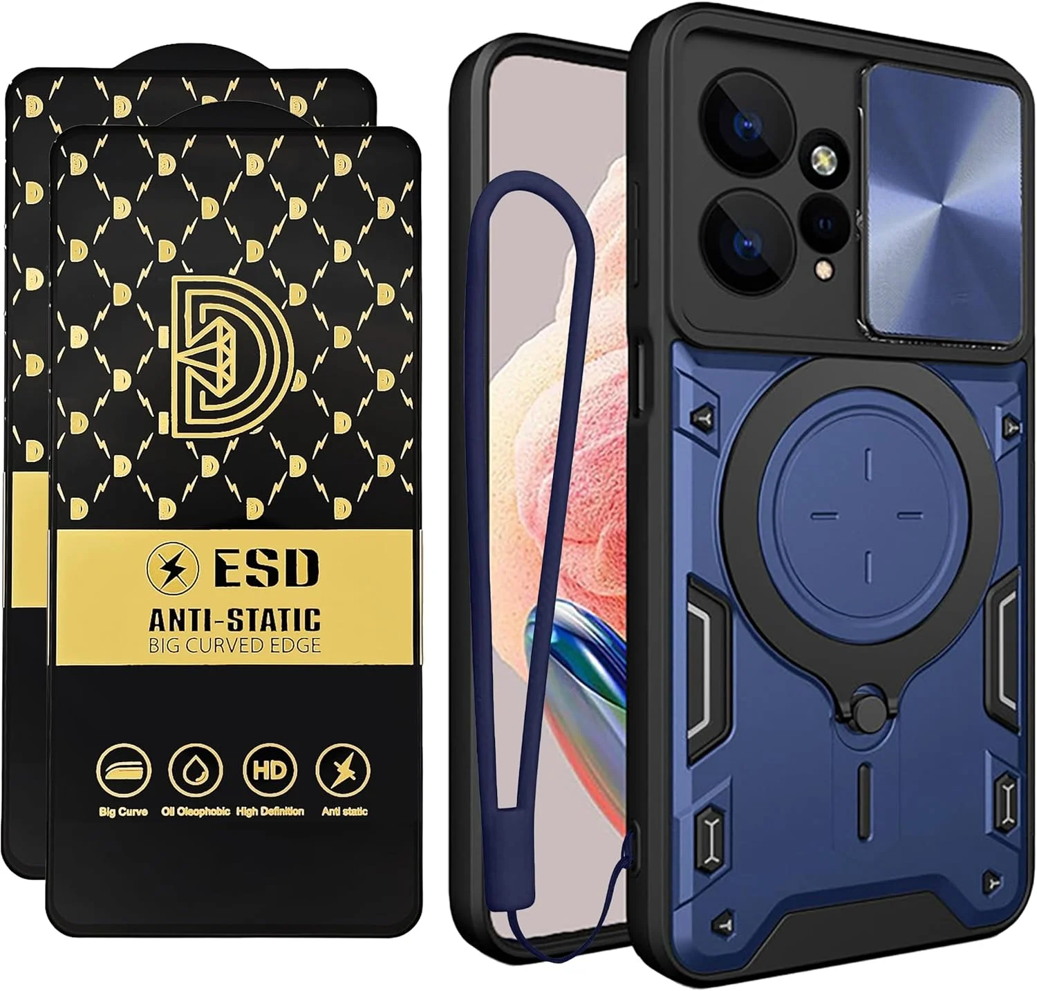 قاب گوشی شیائومی ردمی نوت 12 4G، محافظ صفحه نمایش نوت 12 4G [دو عدد]، محافظت در برابر سقوط، حلقه مغناطیسی فلزی پایه دار، کاور نوت 12 4G (آبی تیره، نوت 12 4G + شیشه (2 عدد))