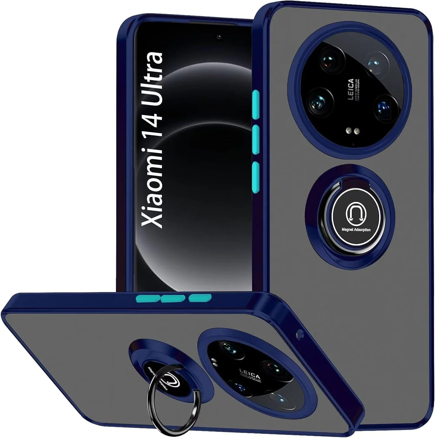 قاب محافظ سیلیکونی انعطاف پذیر طراحی شده برای شیائومی 14 اولترا، پوشش مات نیمه شفاف ضد ضربه با محافظت از دوربین و حلقه مغناطیسی چرخان 360 درجه برای شیائومی 14 اولترا (آبی)