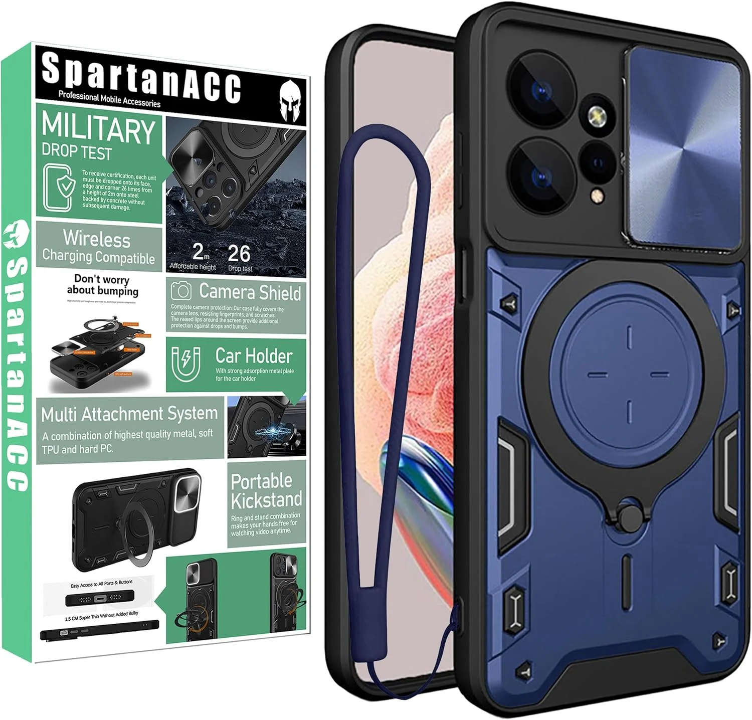 قاب گوشی شیائومی ردمی نوت 12 4G، محافظ صفحه نمایش نوت 12 4G [دو عدد]، محافظت در برابر سقوط، حلقه مغناطیسی فلزی پایه دار، کاور نوت 12 4G (آبی تیره، نوت 12 4G + شیشه (2 عدد))