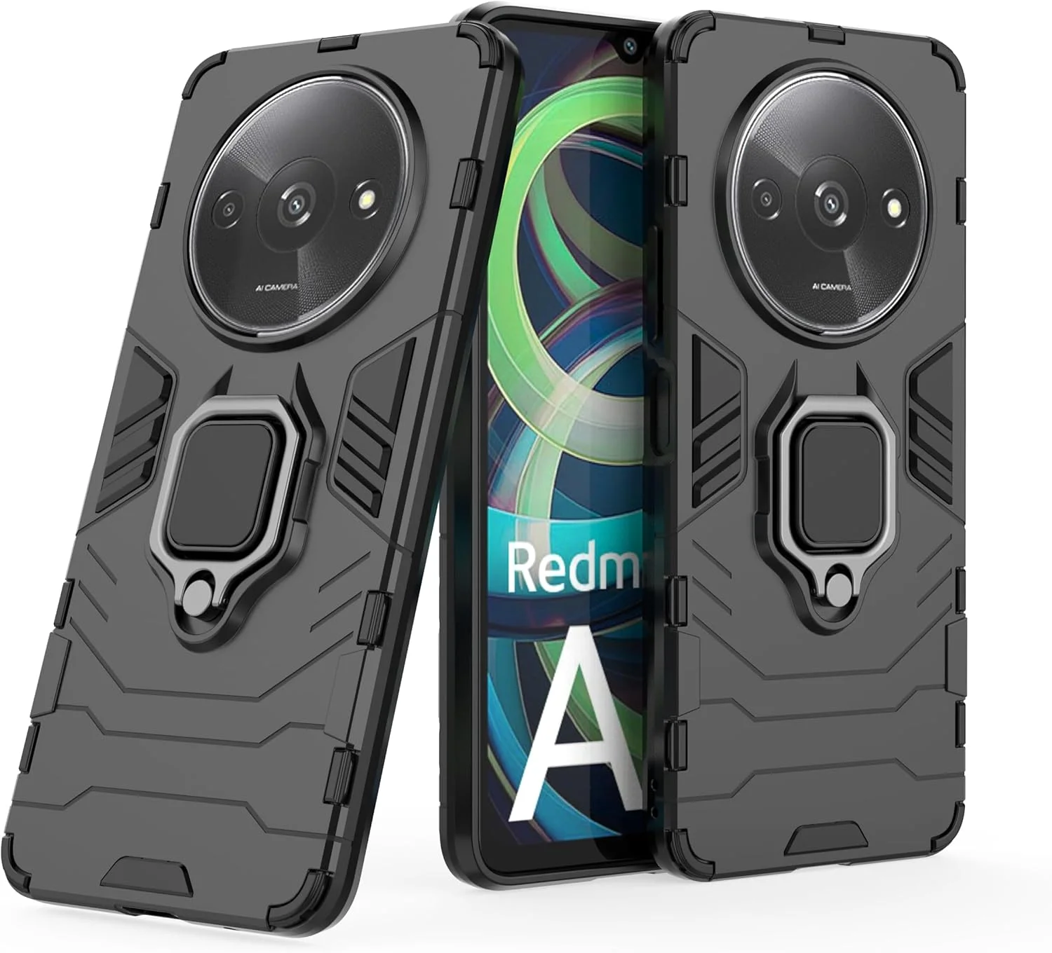 قاب محافظ گوشی شیائومی ردمی A3 به همراه محافظ صفحه نمایش شیشه ای [2 عدد]، محافظ دو لایه مقاوم در برابر ضربه با حلقه مغناطیسی - مشکی