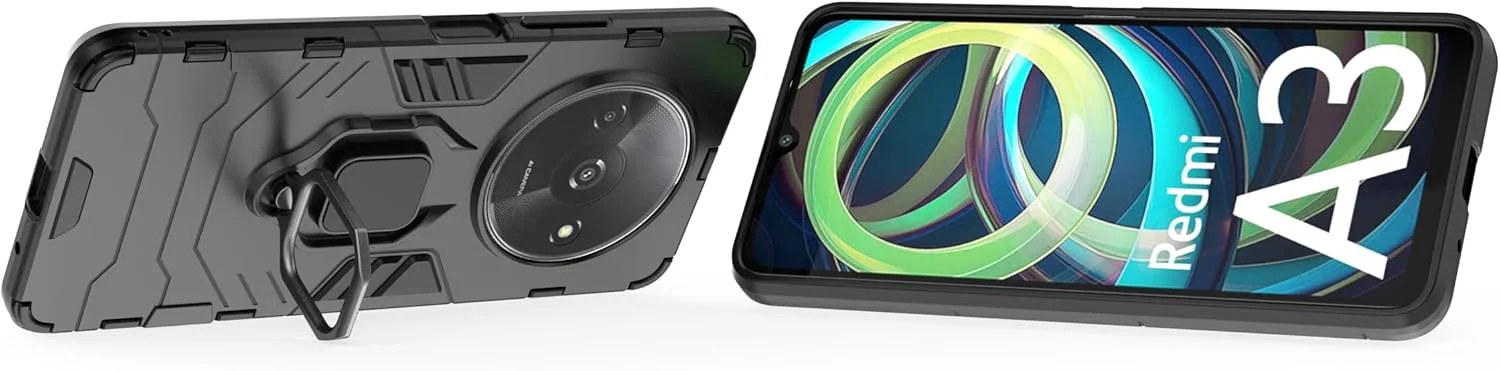 قاب محافظ گوشی شیائومی ردمی A3 به همراه محافظ صفحه نمایش شیشه ای [2 عدد]، محافظ دو لایه مقاوم در برابر ضربه با حلقه مغناطیسی - مشکی