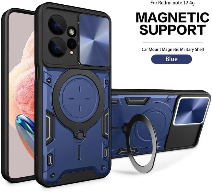 قاب گوشی شیائومی ردمی نوت 12 4G، محافظ صفحه نمایش نوت 12 4G [دو عدد]، محافظت در برابر سقوط، حلقه مغناطیسی فلزی پایه دار، کاور نوت 12 4G (آبی تیره، نوت 12 4G + شیشه (2 عدد))