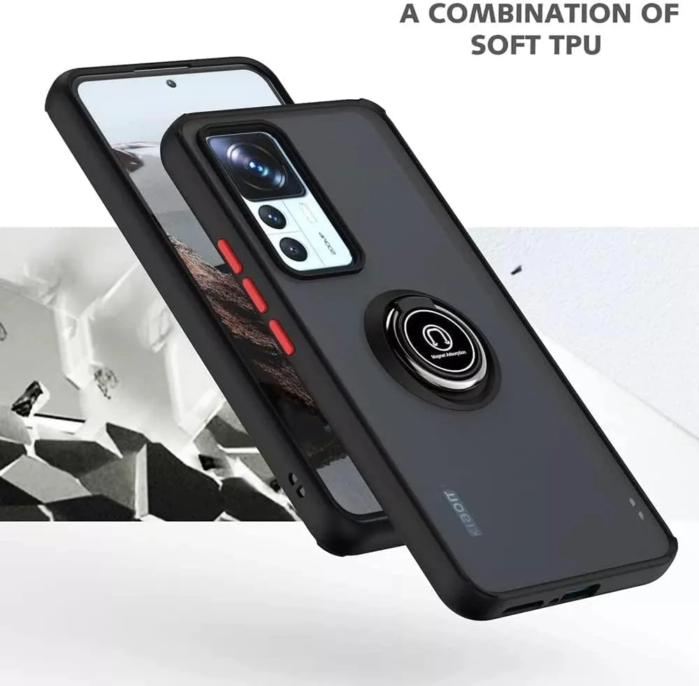 کاور محافظ گوشی شیائومی Mi 12T 5G / شیائومی Mi 12T Pro 5G با پایه انگشتی فلزی چرخشی، ضد ضربه، مات و دارای قابلیت اتصال مغناطیسی به هولدر خودرو (مشکی)