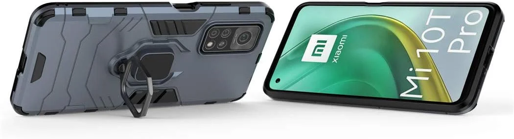 قاب محافظ گوشی شیائومی می 10T و می 10T پرو، حلقه فلزی با استند، پوشش دو لایه مقاوم (آبی تیره)