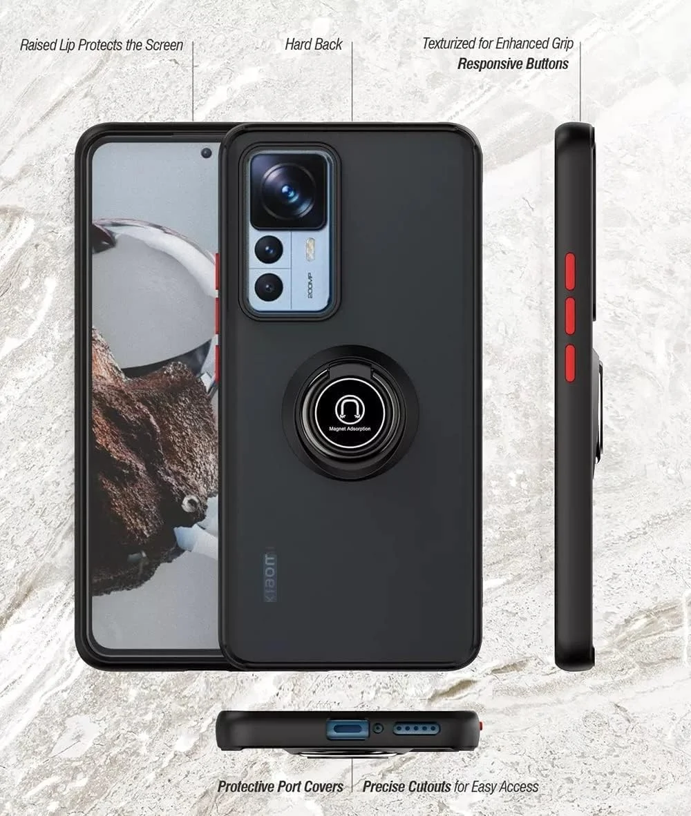 کاور محافظ گوشی شیائومی Mi 12T 5G / شیائومی Mi 12T Pro 5G با پایه انگشتی فلزی چرخشی، ضد ضربه، مات و دارای قابلیت اتصال مغناطیسی به هولدر خودرو (مشکی)