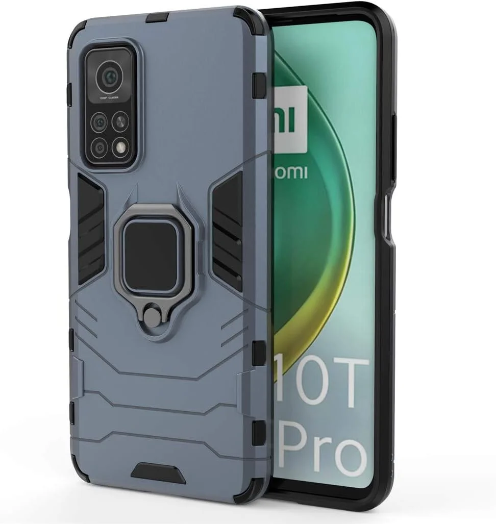 قاب محافظ گوشی شیائومی می 10T و می 10T پرو، حلقه فلزی با استند، پوشش دو لایه مقاوم (آبی تیره)