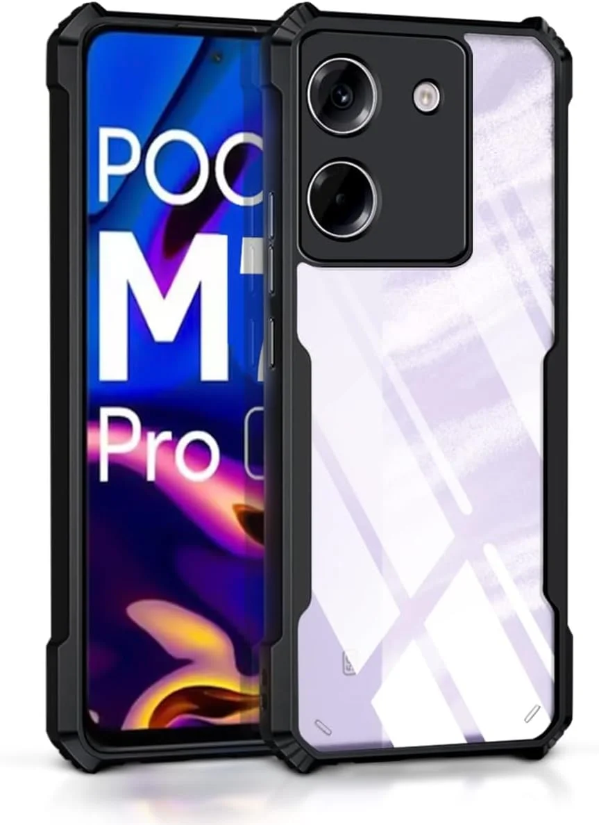 کاور محافظ شفاف با پشت سخت PC و دور TPU مشکی ضد ضربه 360 درجه با محافظ لنز دوربین، مناسب برای گوشی Poco M7 Pro 5G مدل 2024 - مشکی