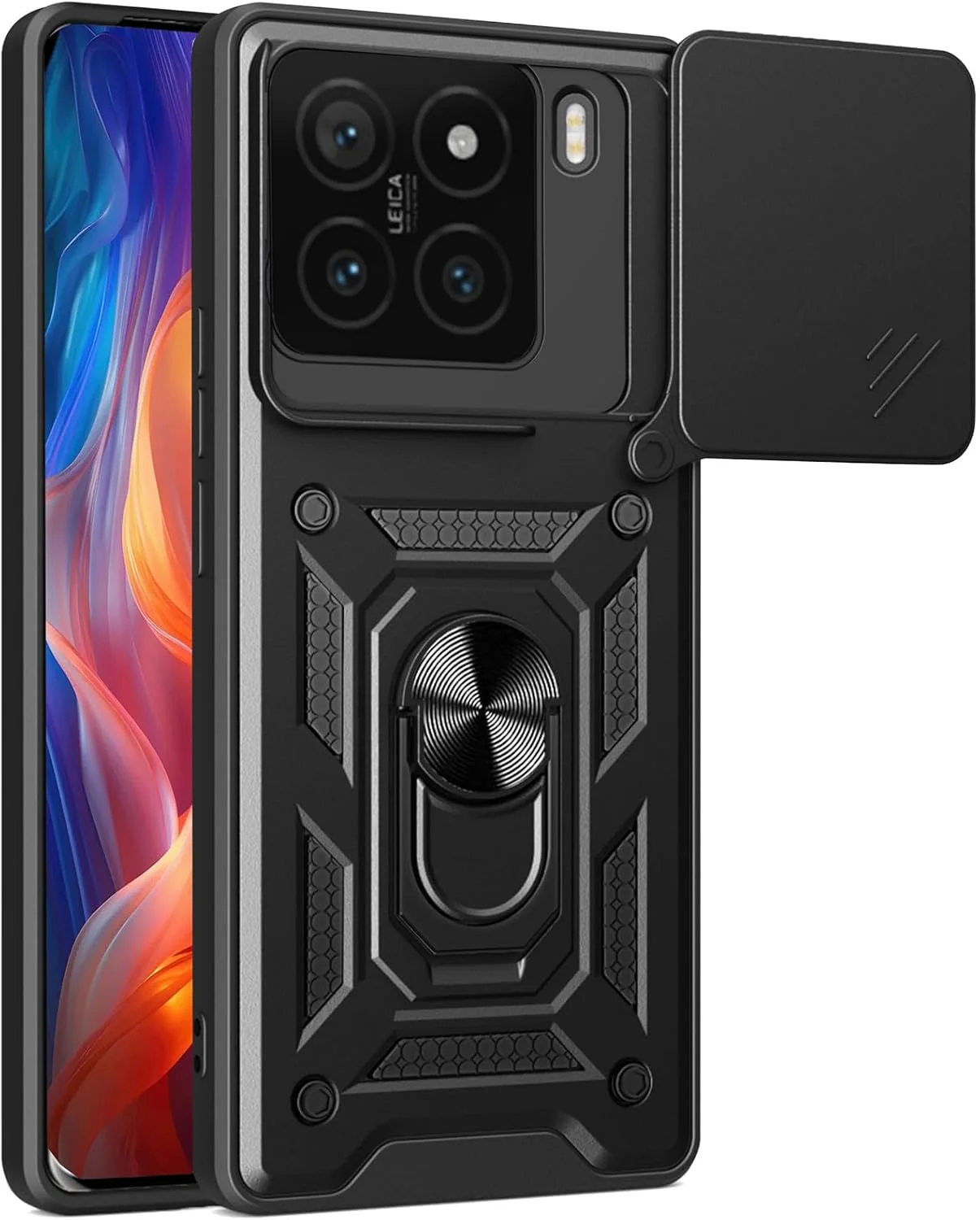 قاب محافظ گوشی شیائومی 15 با پوشش کشویی لنز دوربین، مقاوم در برابر ضربه با پایه انگشتی چرخان