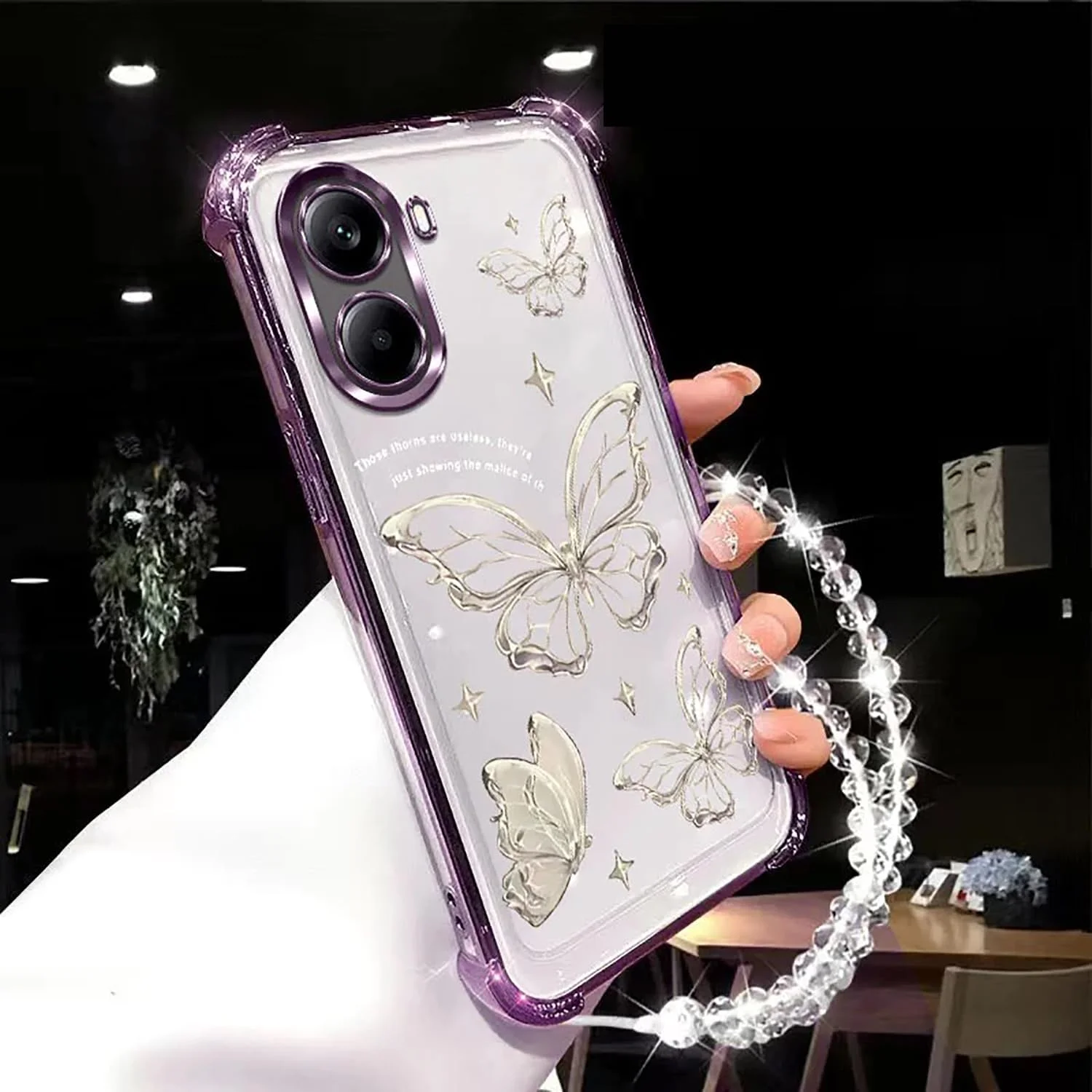 قاب محافظ سازگار با گوشی شیائومی POCO X7 Pro 5G، دارای بند آویز موبایل، پنل پشتی نیمه شفاف، طرح پروانه زیبا و محافظ لنز داخلی، کاور POCO X7 Pro 5G (بنفش)