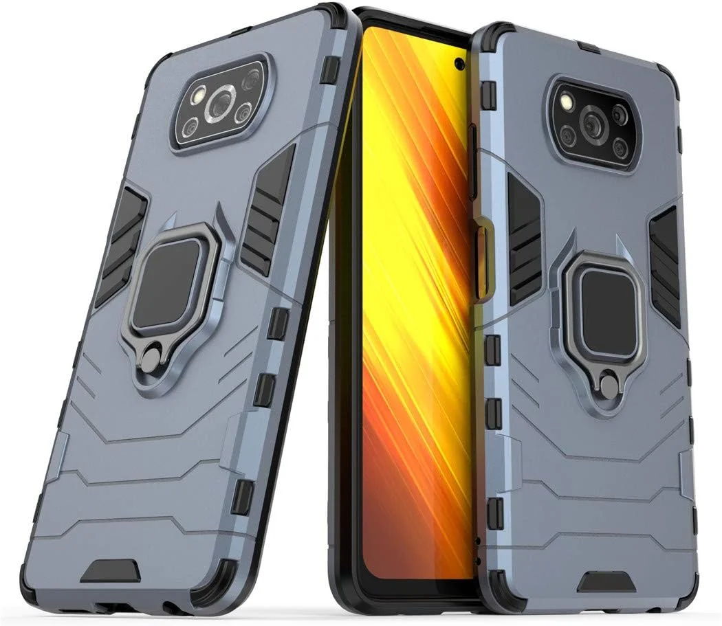 قاب محافظ دو لایه مقاوم مای‌جین سازگار با شیائومی می پوکو X3 و می پوکو X3 NFC، دارای حلقه فلزی و استند (سازگار با هولدر مغناطیسی خودرو) (آبی تیره)