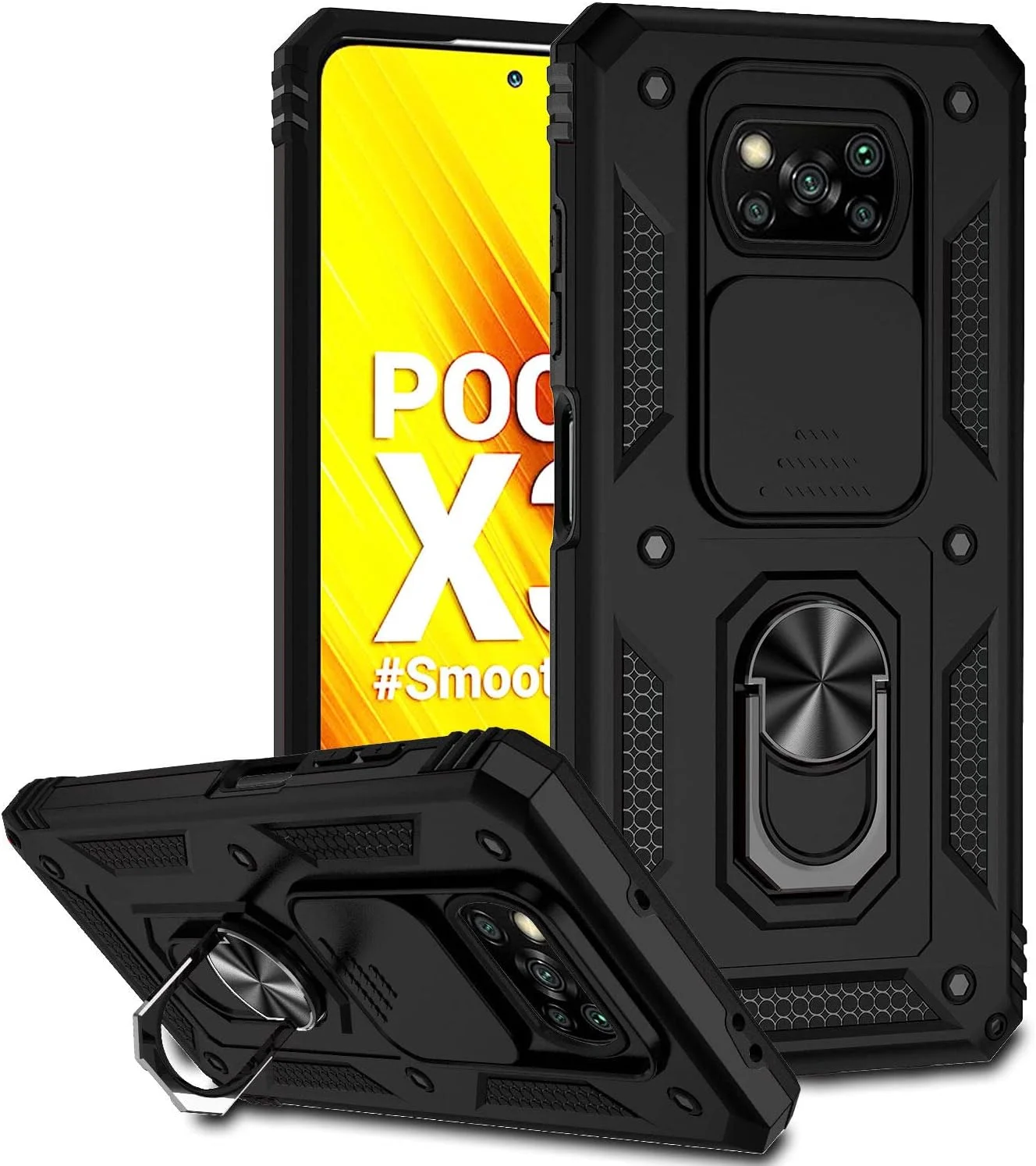 قاب محافظ شیائومی پوکو X3 مدل Eabhulie، قاب محافظ سنگین با پایه انگشتی و پوشش کشویی دوربین برای شیائومی پوکو X3 NFC / X3 Pro - مشکی