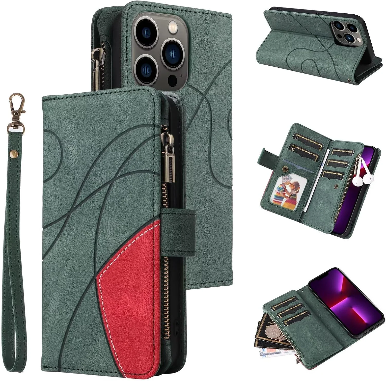 کاور گوشی شیائومی 14 اولترا به همراه بند، کیف پول چرمی تاشو، [دارای 9 جای کارت] [بست مغناطیسی]، کاور کتابی بنددار برای شیائومی 14 اولترا - سبز