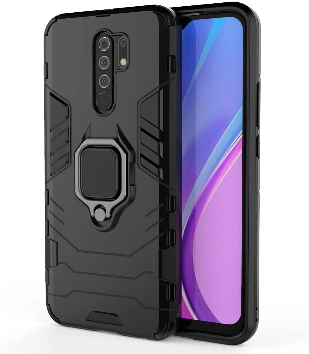 قاب محافظ گوشی شیائومی ردمی 9 مدل MaiJin، با حلقه فلزی و استند، دو لایه و مقاوم (مشکی)