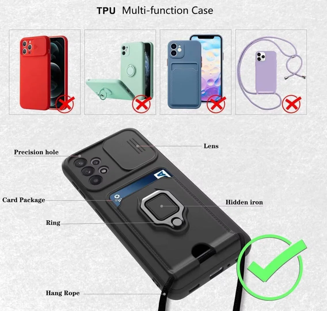 قاب گوشی BGHHEU با بند گردنی برای شیائومی Redmi A3/Redmi A3X، قاب سیلیکونی نرم با بند قابل تنظیم، محافظ دوربین، استند و جای کارت - مشکی