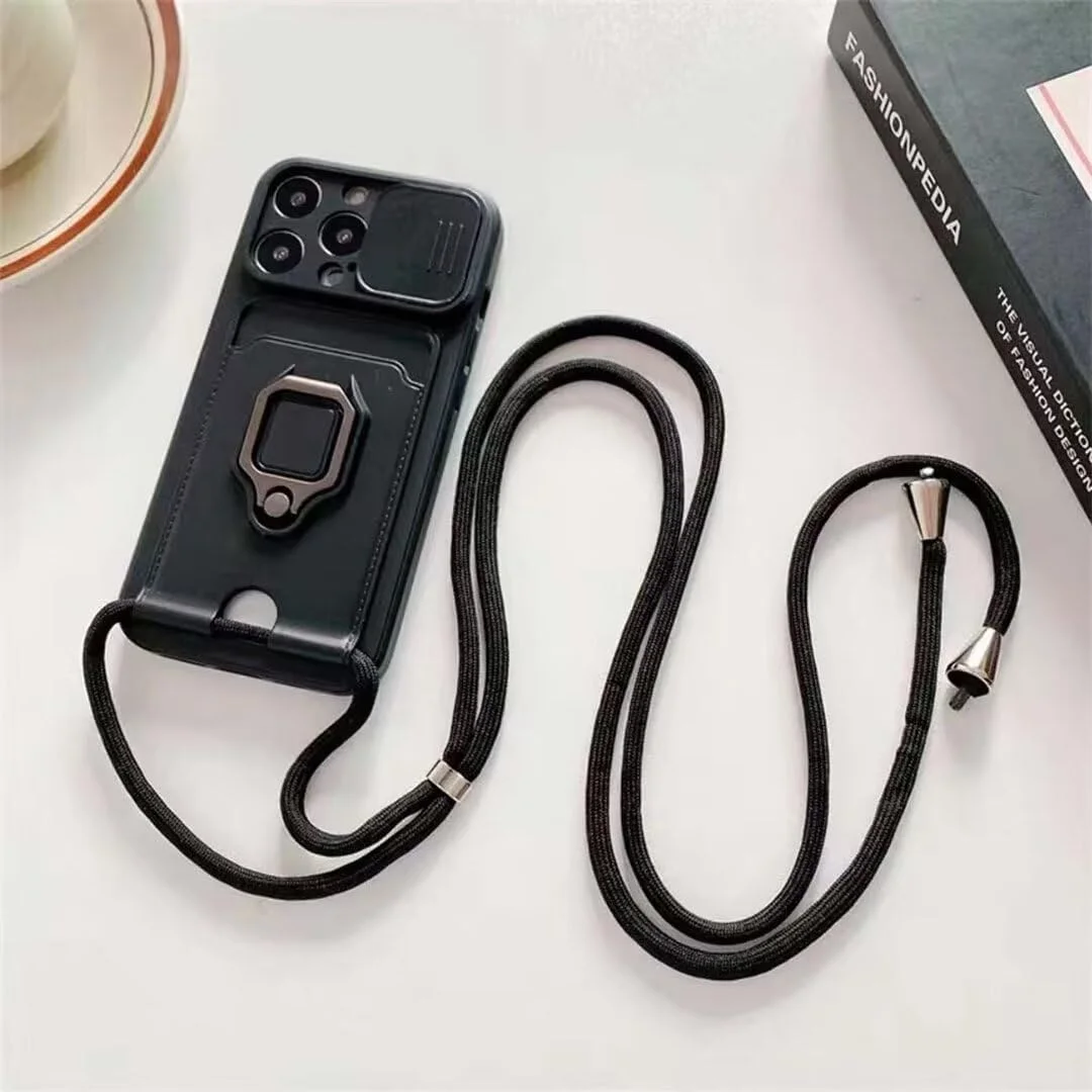 قاب گوشی BGHHEU با بند گردنی برای شیائومی Redmi A3/Redmi A3X، قاب سیلیکونی نرم با بند قابل تنظیم، محافظ دوربین، استند و جای کارت - مشکی