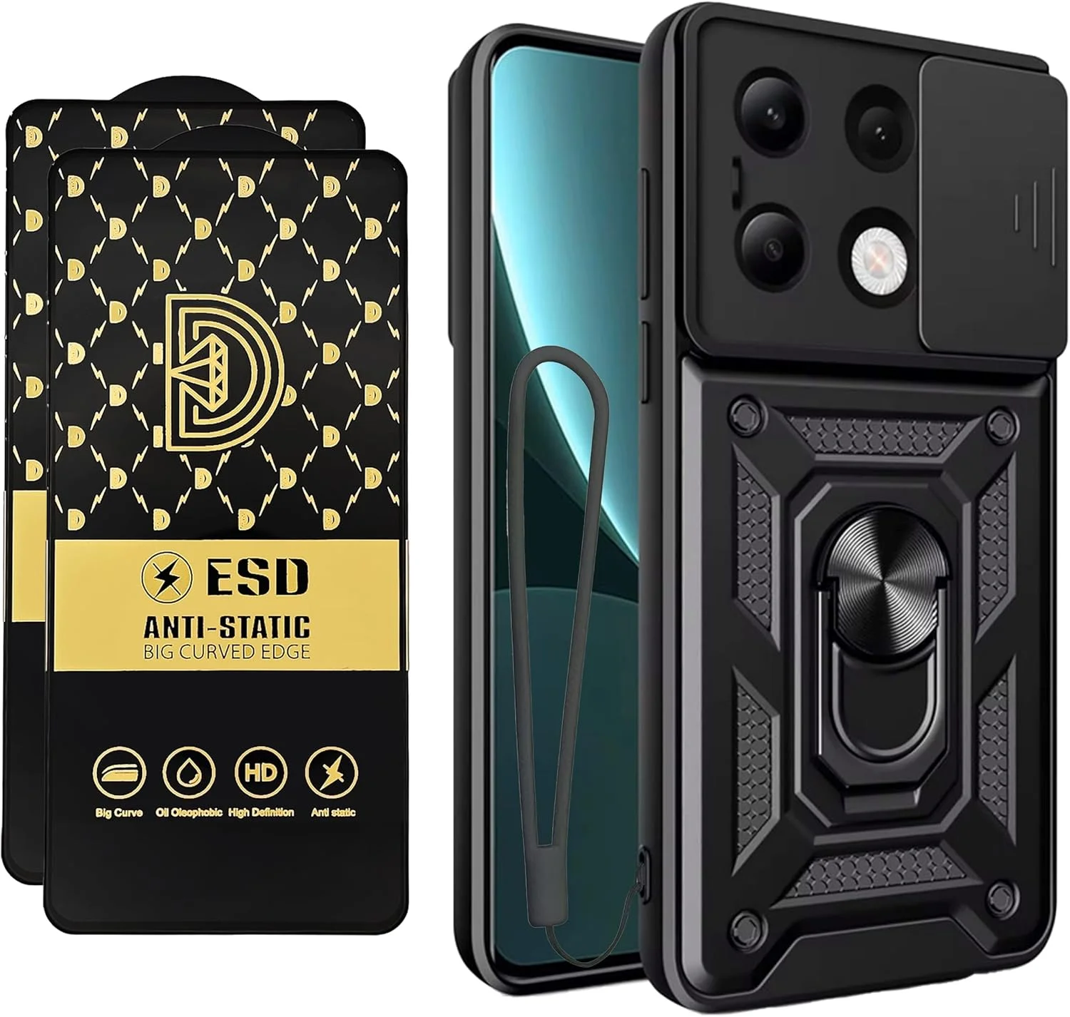 قاب محافظ گوشی شیائومی ردمی نوت 13 4G با پایه فلزی چرخان 360 درجه، ضد ضربه نظامی، محافظ صفحه نمایش شیشه ای، قابلیت اتصال مغناطیسی به هولدر خودرو، پوشش محافظ (مشکی، Note13 4G+2Glasses)