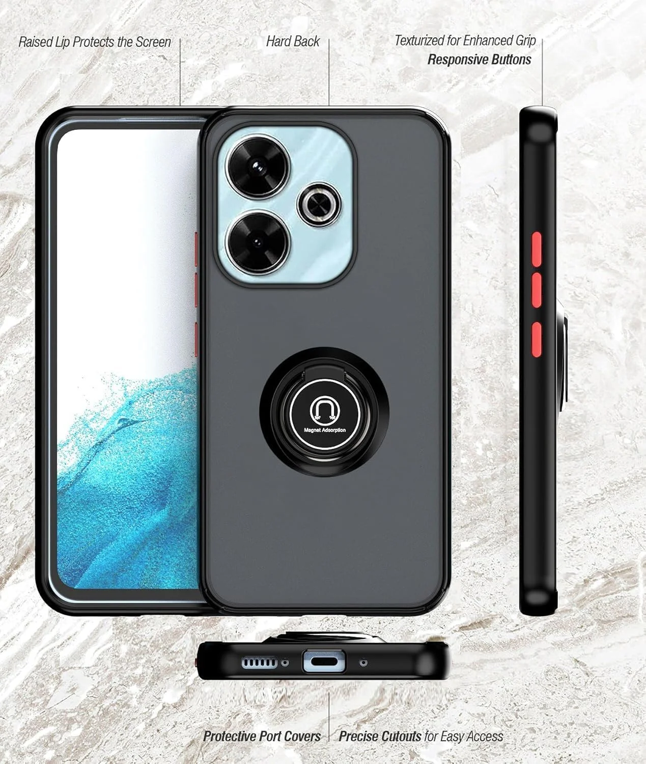 کاور محافظ ضد ضربه مات با حلقه فلزی و استند و قابلیت اتصال مغناطیسی به هولدر خودرو برای شیائومی ردمی 13 4G / ردمی نوت 13R 5G (مشکی) کاور محافظ ضد ضربه مات با حلقه فلزی و استند و قابلیت اتصال مغناطیسی به هولدر خودرو برای شیائومی ردمی 13 4G / ردمی نوت 13R 5G (مشکی)