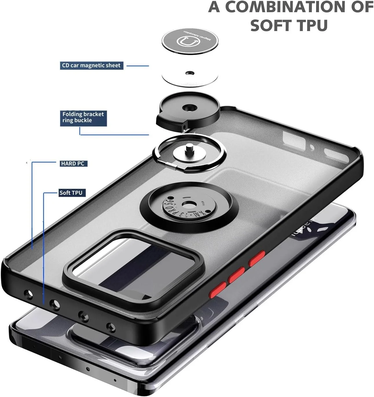 قاب محافظ گوشی شیائومی 13T / شیائومی 13T Pro / ردمی K60 Ultra، دارای حلقه فلزی، استند و قابلیت اتصال مغناطیسی به هولدر خودرو، ضد ضربه، با پوشش مات و سخت
