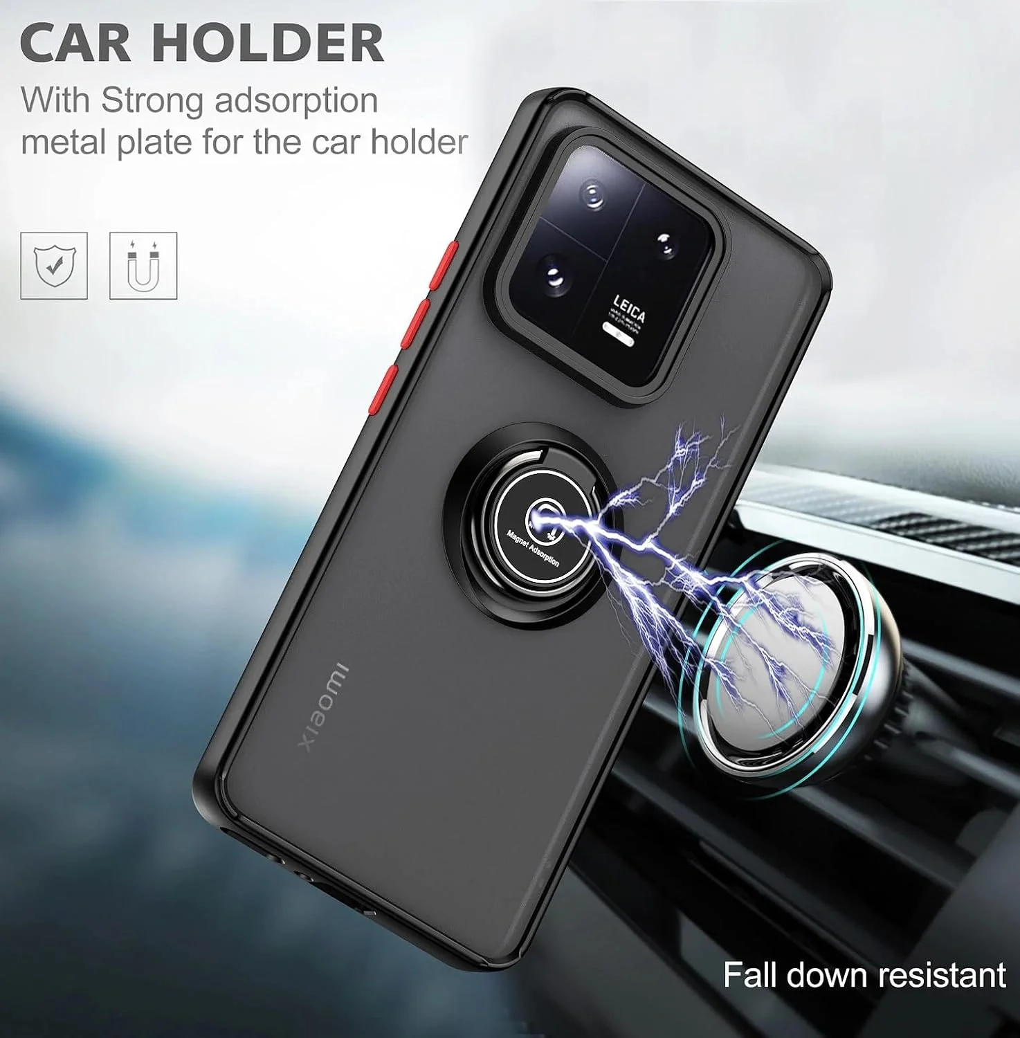 قاب محافظ گوشی شیائومی 13T / شیائومی 13T Pro / ردمی K60 Ultra، دارای حلقه فلزی، استند و قابلیت اتصال مغناطیسی به هولدر خودرو، ضد ضربه، با پوشش مات و سخت