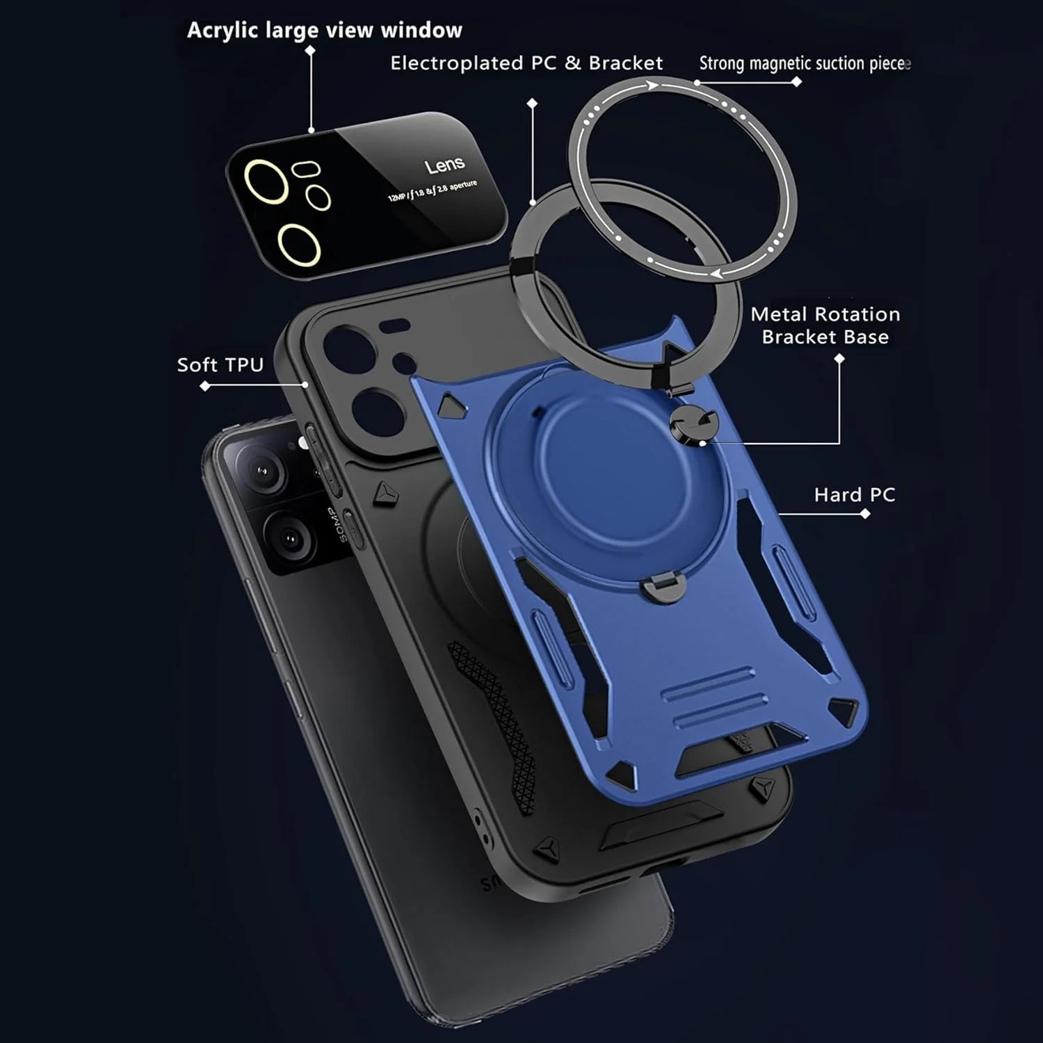 کاور محافظ برای شیائومی 13T / 13T Pro به همراه پایه تاشو، کاور محافظ دوربین با حلقه چرخان 360 درجه، کاور ضربه گیر TPU، آبی کاور محافظ برای شیائومی 13T / 13T Pro به همراه پایه تاشو، کاور محافظ دوربین با حلقه چرخان 360 درجه، کاور ضربه گیر TPU، آبی