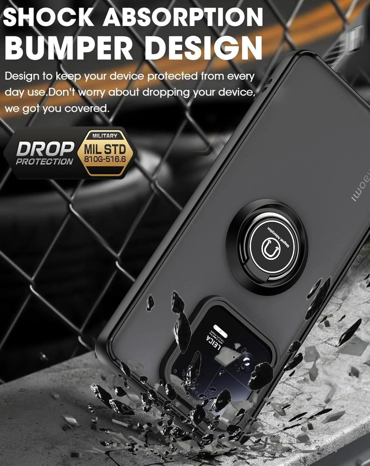 قاب محافظ گوشی شیائومی 13T / شیائومی 13T Pro / ردمی K60 Ultra، دارای حلقه فلزی، استند و قابلیت اتصال مغناطیسی به هولدر خودرو، ضد ضربه، با پوشش مات و سخت