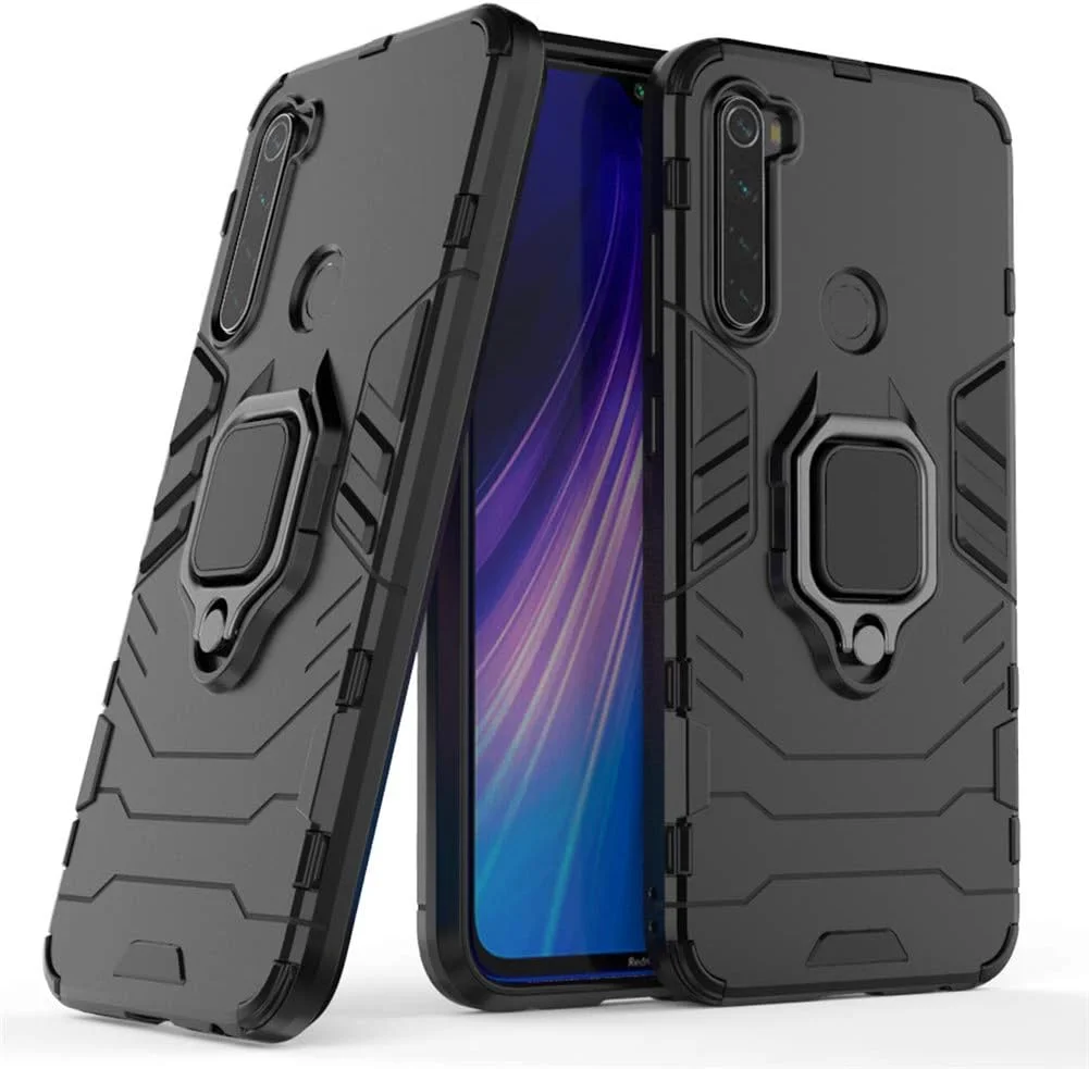 قاب محافظ گوشی شیائومی ردمی نوت 8 مدل MaiJin، با حلقه فلزی و استند، ضد ضربه، لایه سخت محافظ (سازگار با هولدر مغناطیسی خودرو)، دو لایه و مقاوم - مشکی