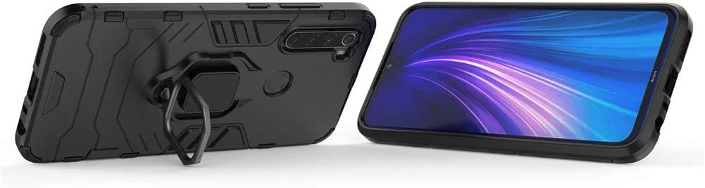 قاب محافظ گوشی شیائومی ردمی نوت 8 مدل MaiJin، با حلقه فلزی و استند، ضد ضربه، لایه سخت محافظ (سازگار با هولدر مغناطیسی خودرو)، دو لایه و مقاوم - مشکی