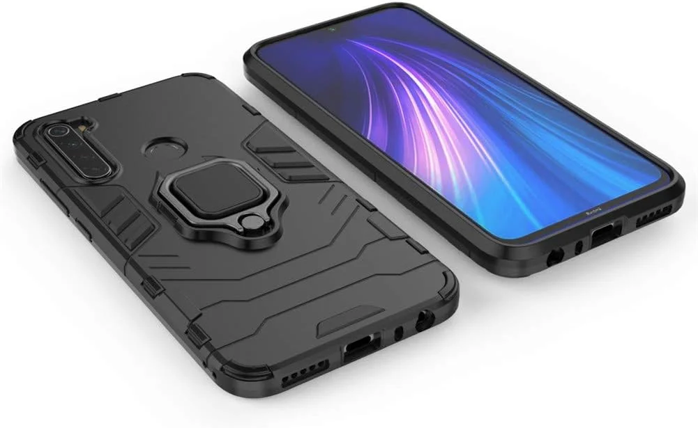 قاب محافظ گوشی شیائومی ردمی نوت 8 مدل MaiJin، با حلقه فلزی و استند، ضد ضربه، لایه سخت محافظ (سازگار با هولدر مغناطیسی خودرو)، دو لایه و مقاوم - مشکی
