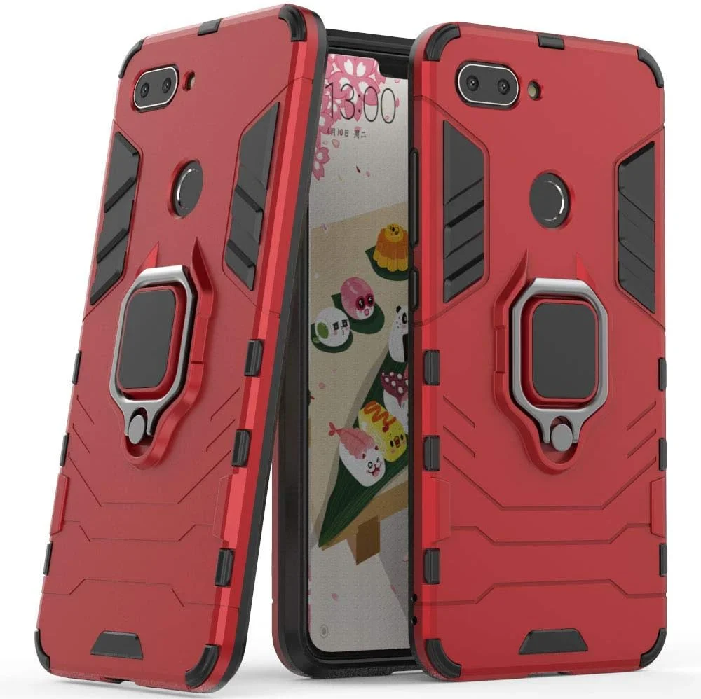 قاب محافظ گوشی شیائومی می 8 لایت، با حلقه فلزی و پایه استند، ضد ضربه، لایه سخت محافظ (سازگار با هولدر مغناطیسی خودرو)، دو لایه و مقاوم - قرمز