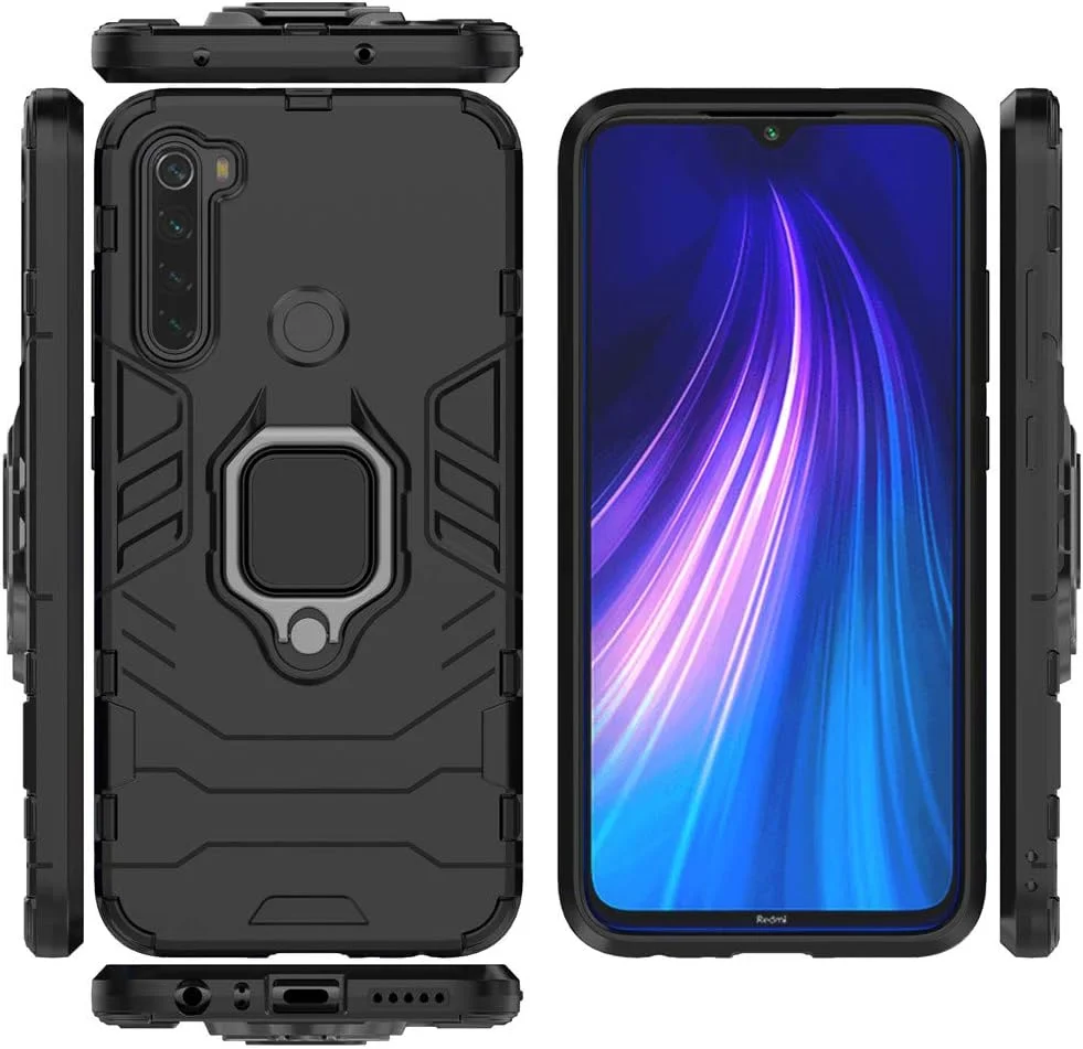 قاب محافظ گوشی شیائومی ردمی نوت 8 مدل MaiJin، با حلقه فلزی و استند، ضد ضربه، لایه سخت محافظ (سازگار با هولدر مغناطیسی خودرو)، دو لایه و مقاوم - مشکی