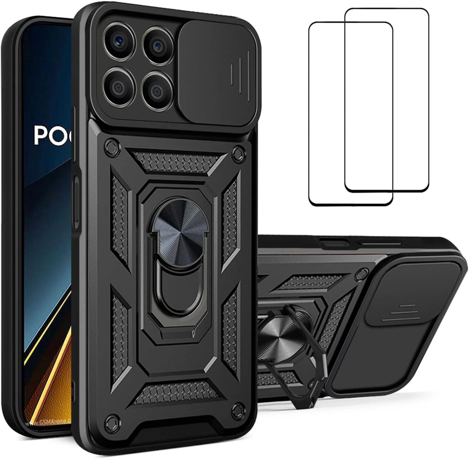 قاب محافظ گوشی شیائومی پوکو X6 پرو 5G مدل EasyLifeGo با پوشش کشویی دوربین، استند انگشتی و محافظ صفحه نمایش شیشه ای حرارت دیده [2 عدد]، قاب محافظ ضد ضربه درجه نظامی، مشکی