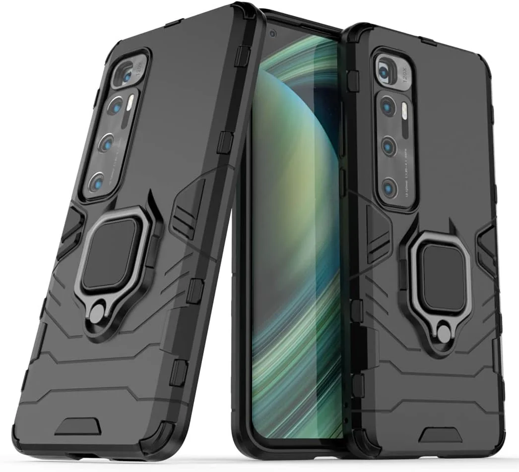 قاب محافظ گوشی شیائومی می 10 اولترا، با حلقه فلزی و استند، دولایه و مقاوم (مشکی)