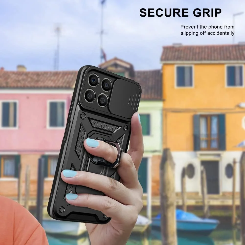 قاب محافظ گوشی شیائومی پوکو X6 پرو 5G مدل EasyLifeGo با پوشش کشویی دوربین، استند انگشتی و محافظ صفحه نمایش شیشه ای حرارت دیده [2 عدد]، قاب محافظ ضد ضربه درجه نظامی، مشکی