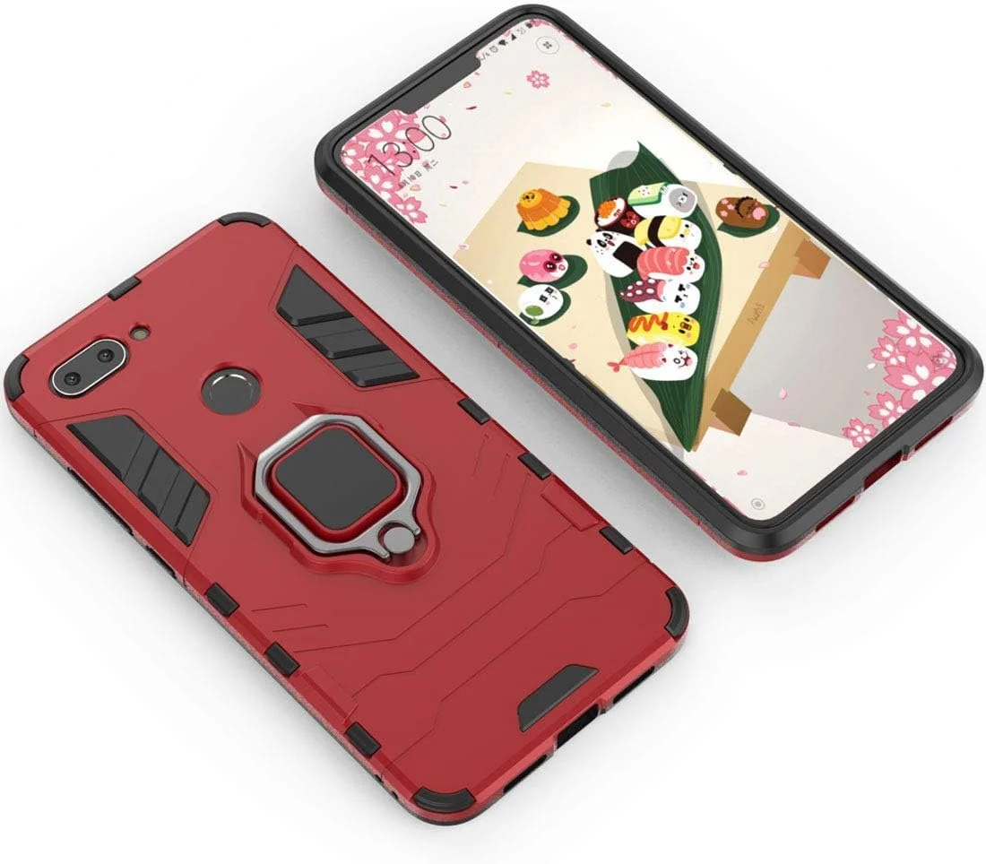 قاب محافظ گوشی شیائومی می 8 لایت، با حلقه فلزی و پایه استند، ضد ضربه، لایه سخت محافظ (سازگار با هولدر مغناطیسی خودرو)، دو لایه و مقاوم - قرمز