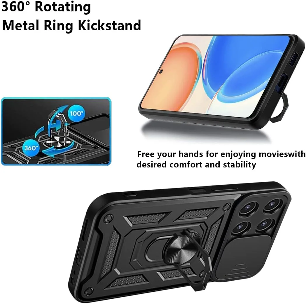 قاب محافظ گوشی شیائومی پوکو X6 پرو 5G مدل EasyLifeGo با پوشش کشویی دوربین، استند انگشتی و محافظ صفحه نمایش شیشه ای حرارت دیده [2 عدد]، قاب محافظ ضد ضربه درجه نظامی، مشکی