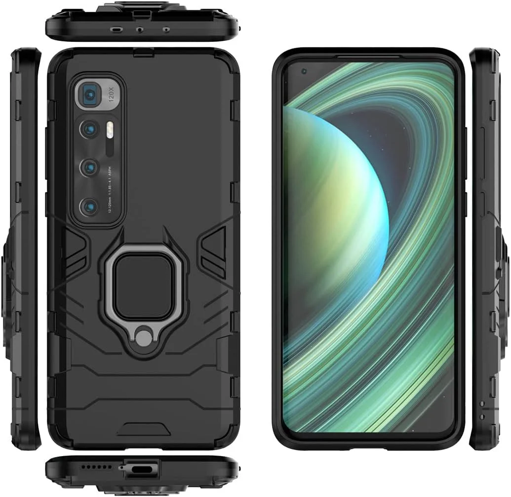 قاب محافظ گوشی شیائومی می 10 اولترا، با حلقه فلزی و استند، دولایه و مقاوم (مشکی)