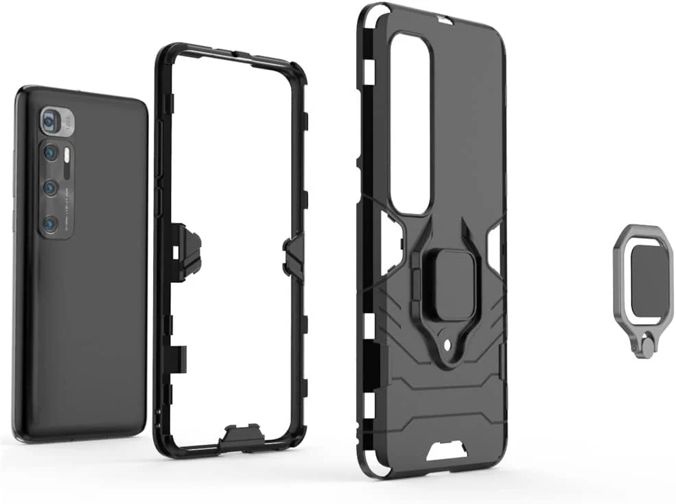 قاب محافظ گوشی شیائومی می 10 اولترا، با حلقه فلزی و استند، دولایه و مقاوم (مشکی)