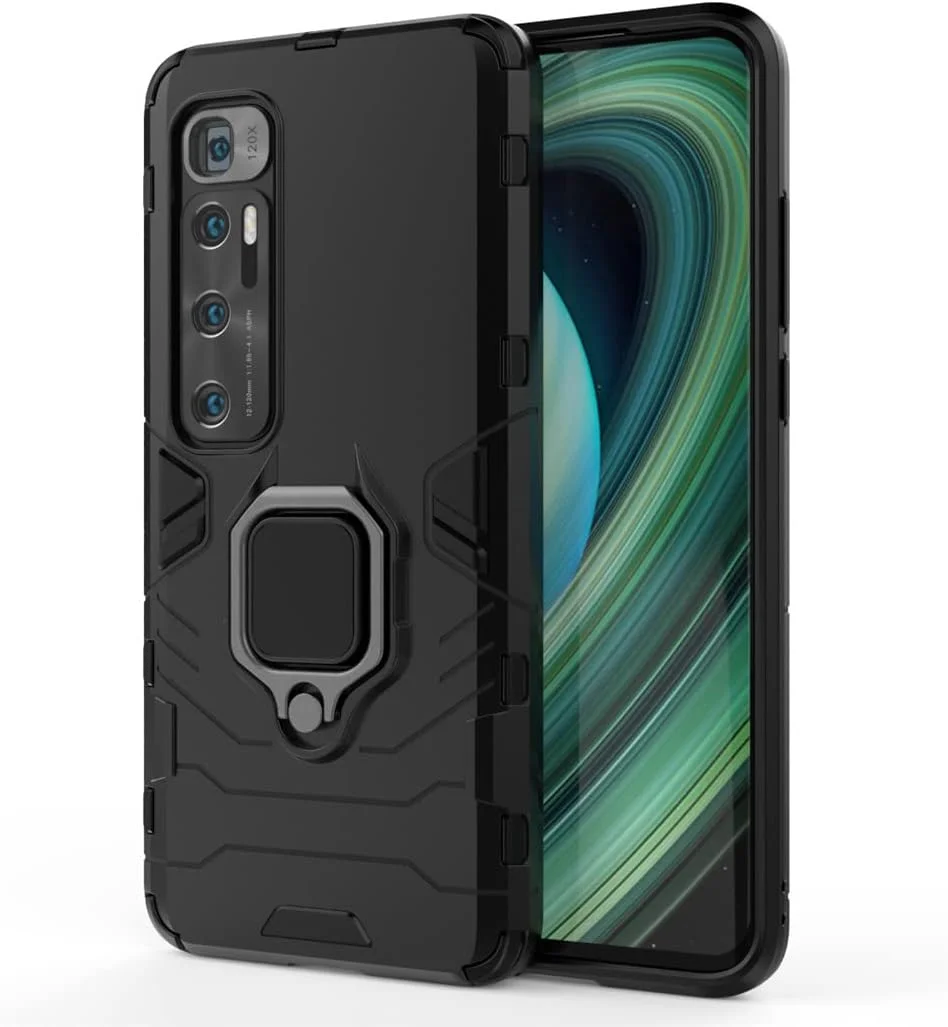 قاب محافظ گوشی شیائومی می 10 اولترا، با حلقه فلزی و استند، دولایه و مقاوم (مشکی)