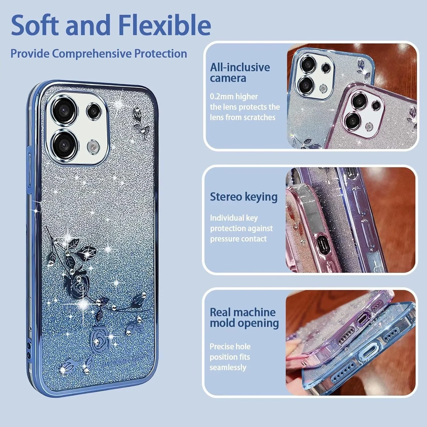 قاب محافظ براق گوشی شیائومی ردمی نوت 13 پرو 5G با طراحی گل الماسی سیلیکونی درخشان، باریک و شفاف، مناسب بانوان - آبی قاب محافظ براق گوشی شیائومی ردمی نوت 13 پرو 5G با طراحی گل الماسی سیلیکونی درخشان، باریک و شفاف، مناسب بانوان - آبی