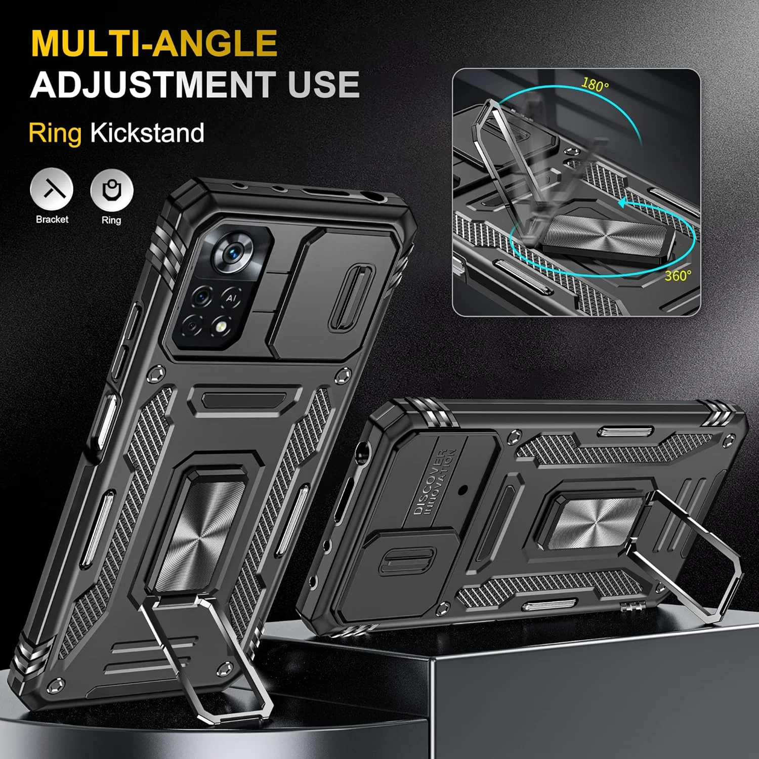کاور محافظ کشویی دوربین، دارای استند چرخشی 360 درجه و حلقه مغناطیسی، مقاوم در برابر ضربه، مناسب برای گوشی شیائومی ردمی نوت 11 پرو 4G/5G - مشکی