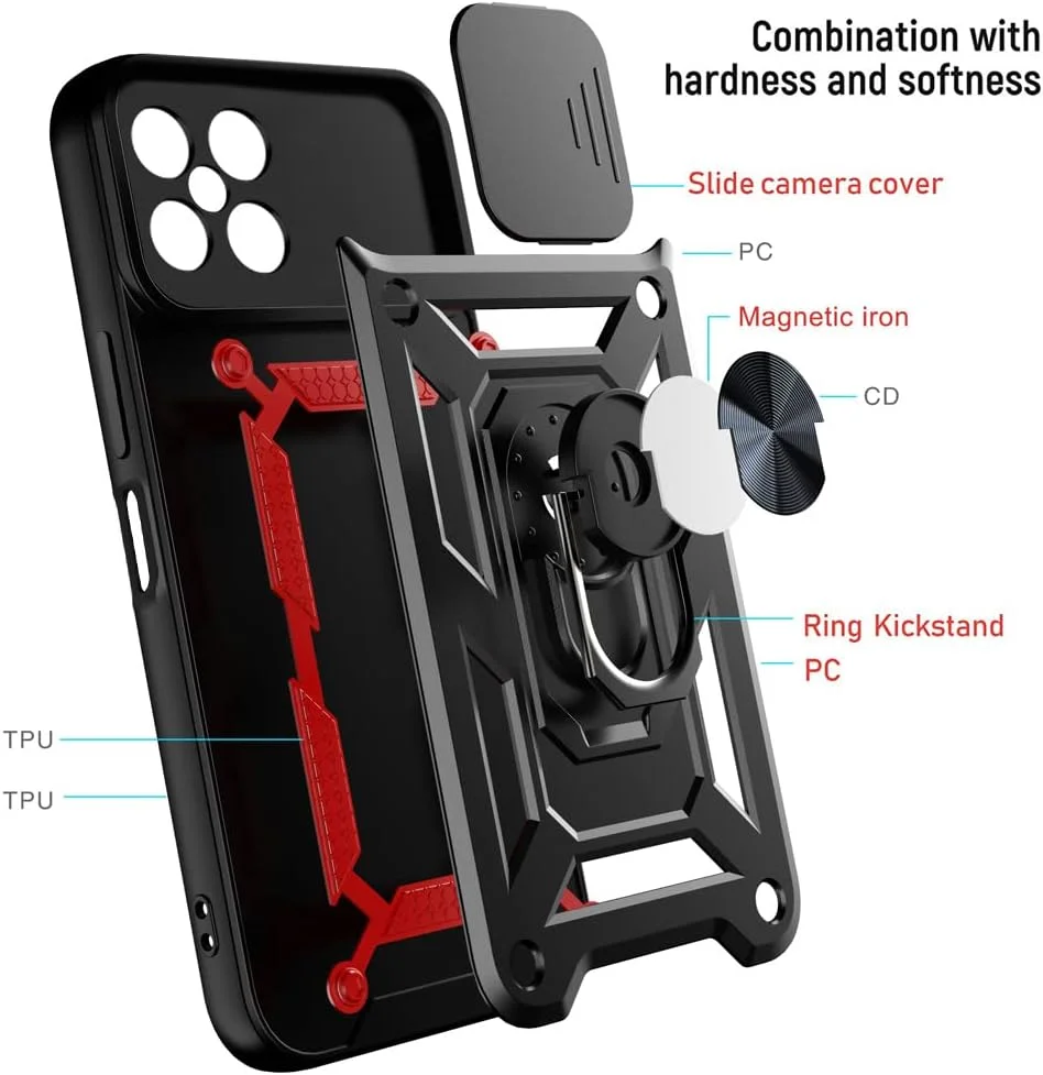 کاور محافظ گوشی نوکیا G21 / G11، دارای پایه مغناطیسی و کشویی لنز دوربین، دو لایه PC و TPU، رنگ صورتی