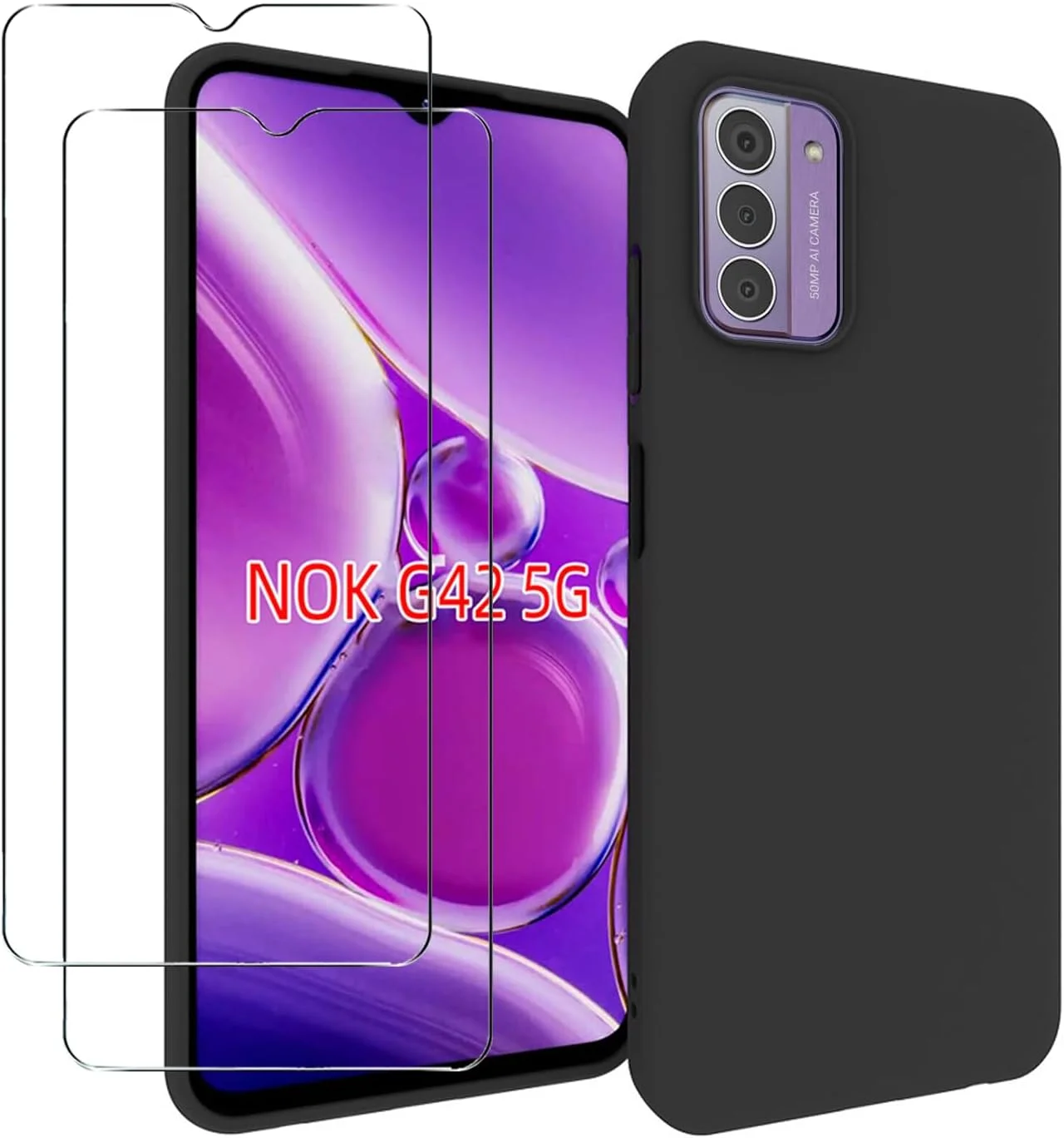 قاب گوشی برای نوکیا G42 5G به همراه محافظ صفحه نمایش شیشه ای حرارت دیده [2 عدد]، باریک، نرم، انعطاف پذیر، TPU، فوق العاده نازک، پوشش مات محافظ - مشکی