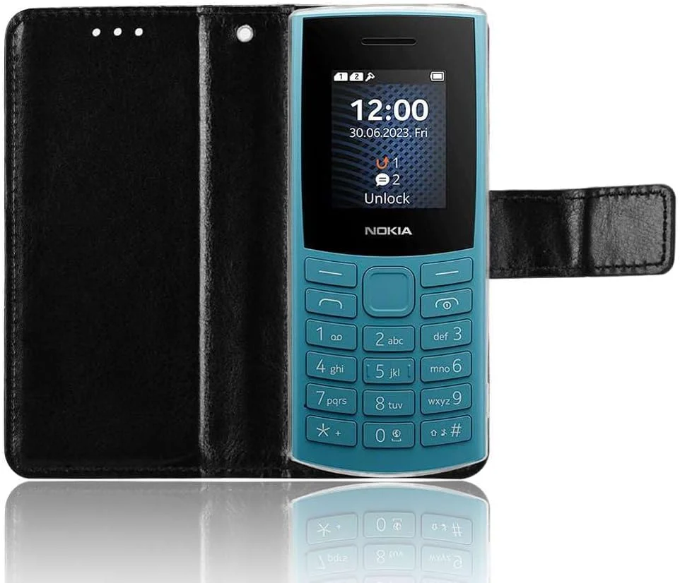 کیف محافظ سازگار با نوکیا 105 4G 2023، کیف پول با جای کارت، رنگ ثابت کلاسیک. کیف تاشو با قابلیت استند - مشکی